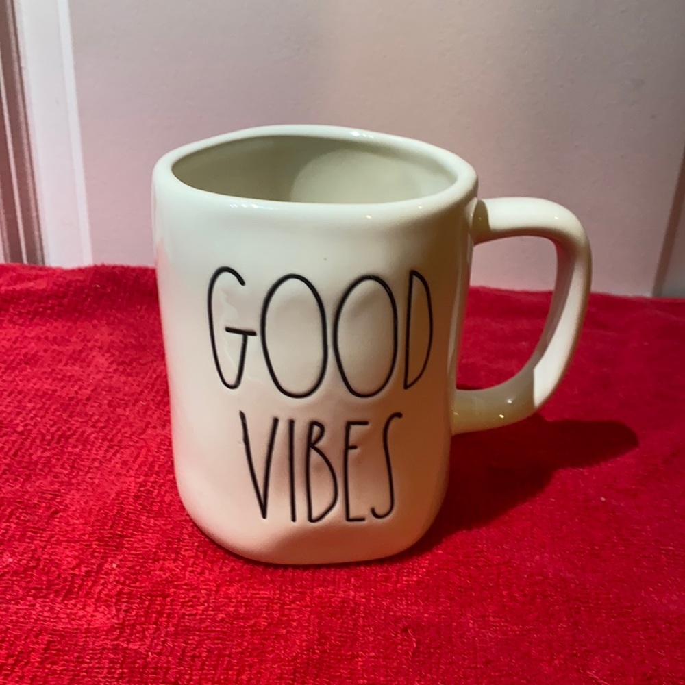 Rae Dunn mug with “Good Vibes” text